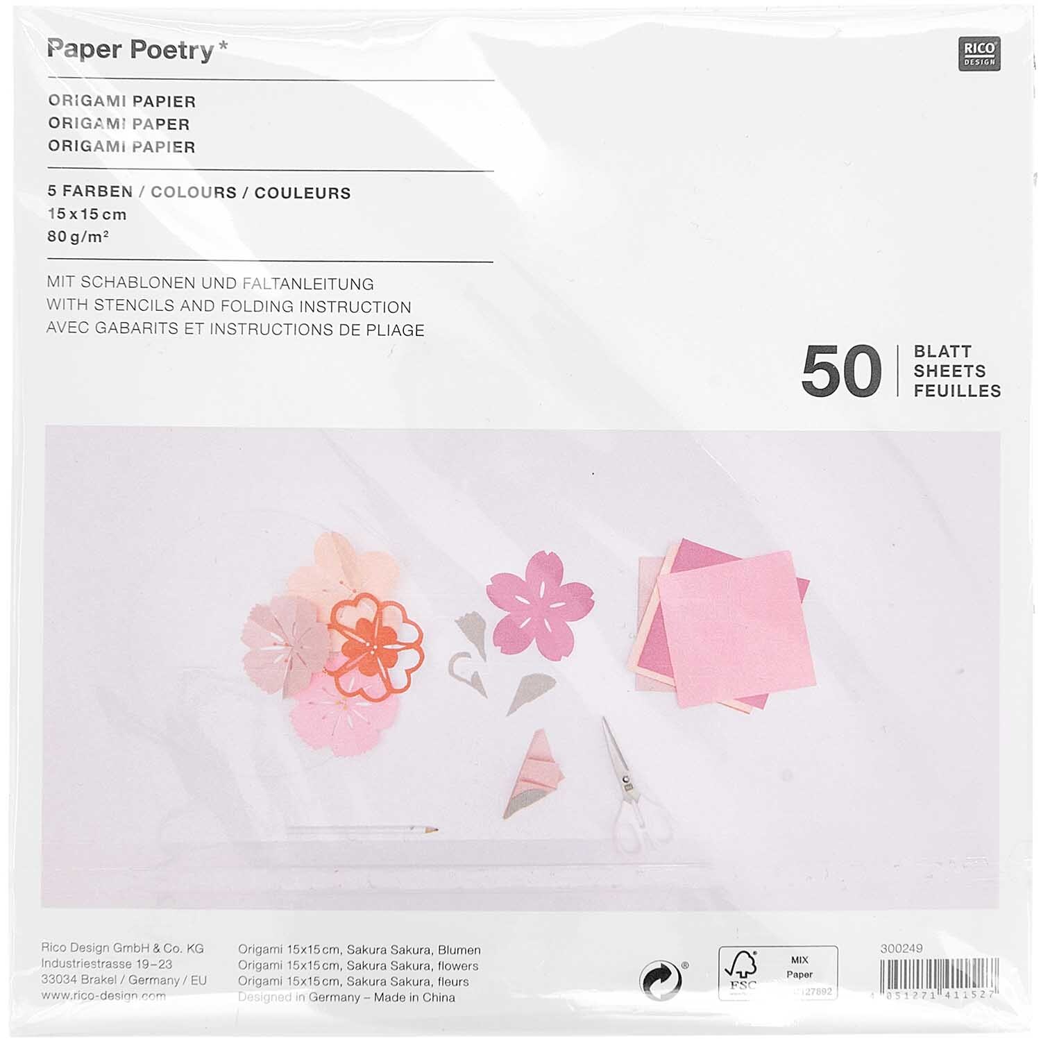 Paper Poetry Origami Blumen 15x15cm 50 Blatt 4 Schablonen