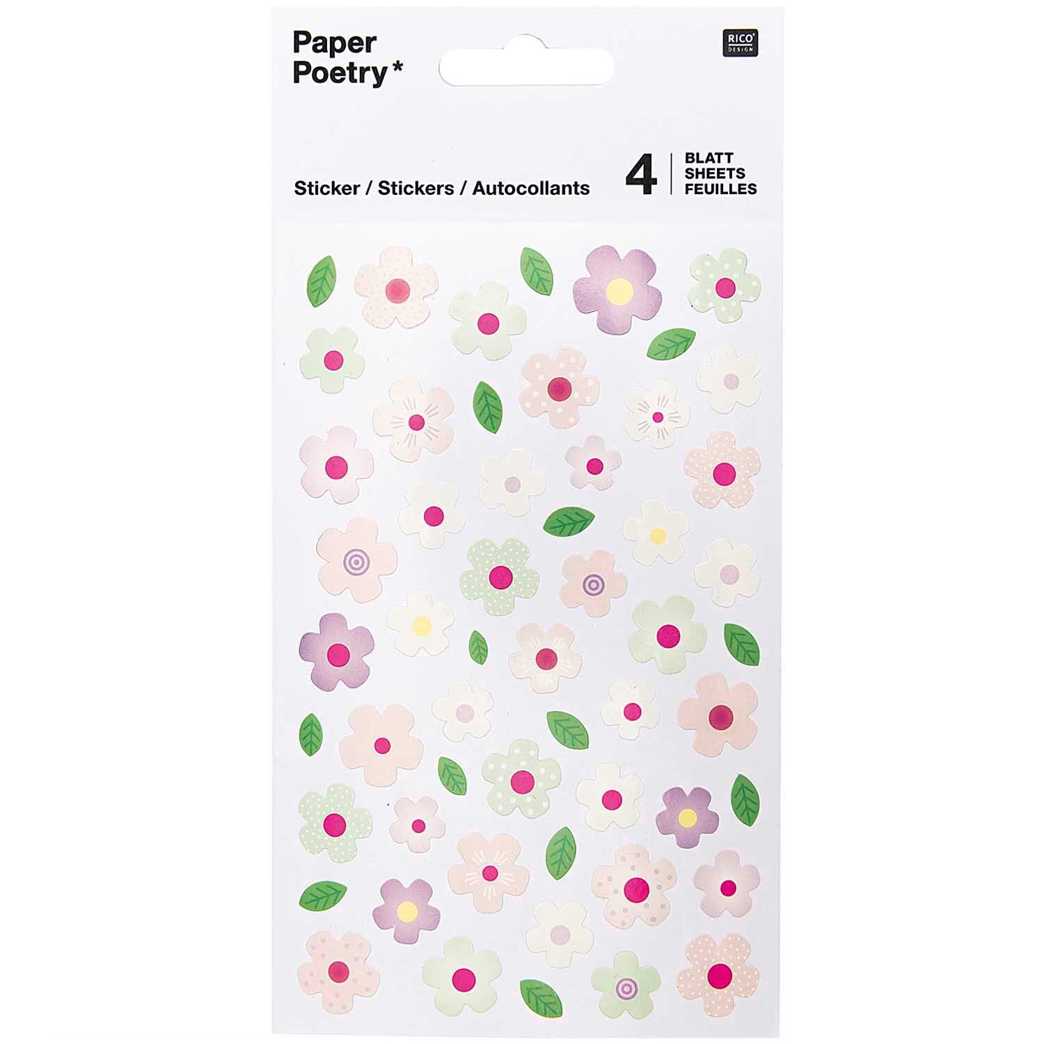 Paper Poetry Sticker Blumen rosa-mint 4 Blatt