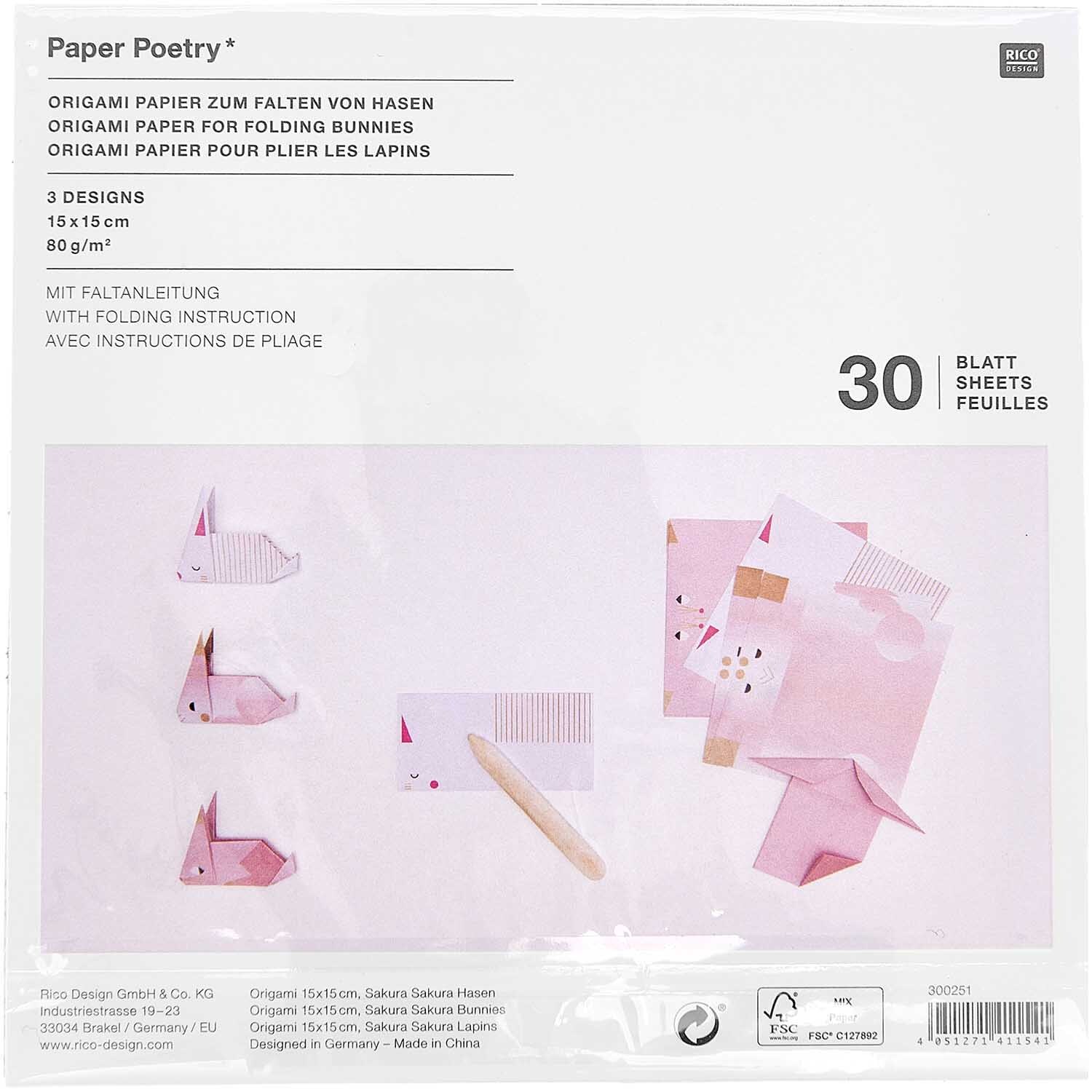 Paper Poetry Origami Hasen 15x15cm 30 Blatt