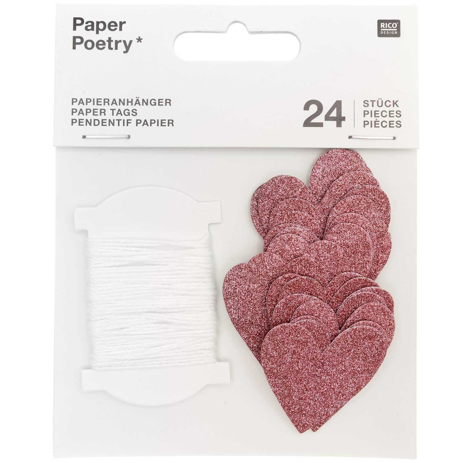 Paper Poetry Papieranhänger Herzen Glitter rosa 3x3,5cm 24 Stück