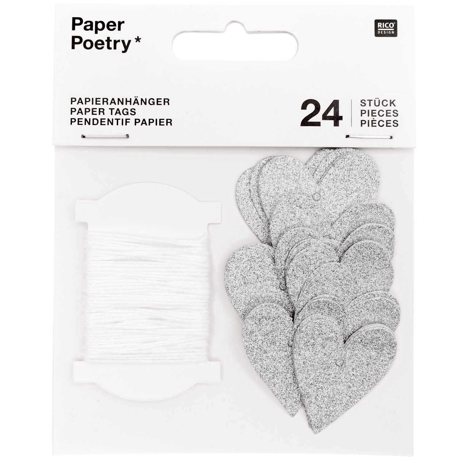 Paper Poetry Papieranhänger Herzen 3x3,5cm Glitter silber 24 Stück