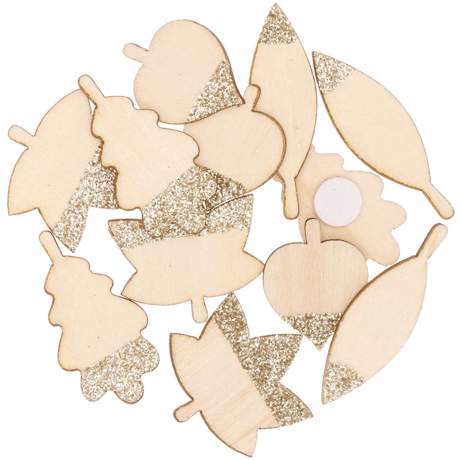 Holzsticker Blätter Mix mit Glitter natur-gold 12 Stück