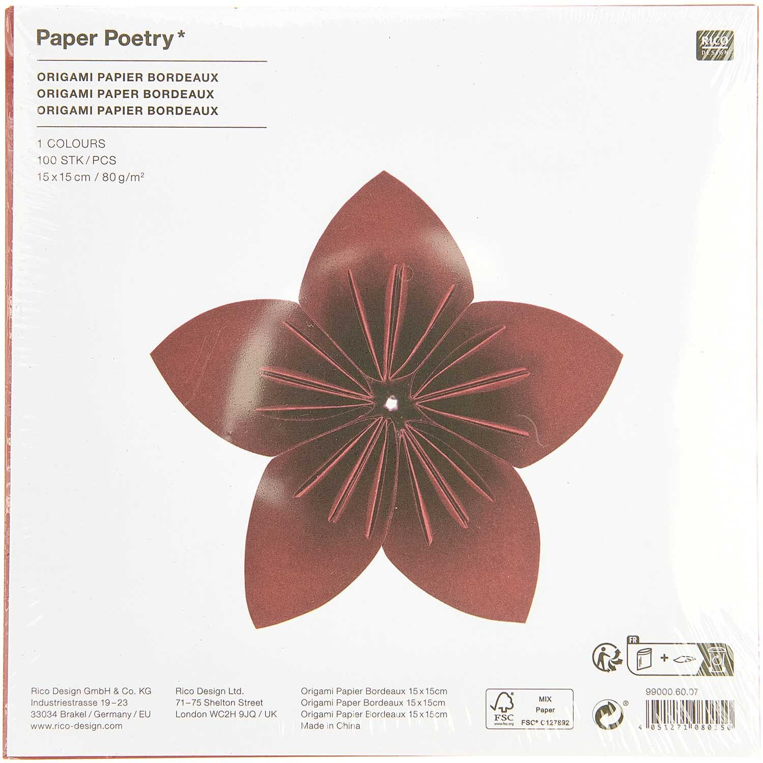 Paper Poetry Origami bordeaux 15x15cm 100 Blatt