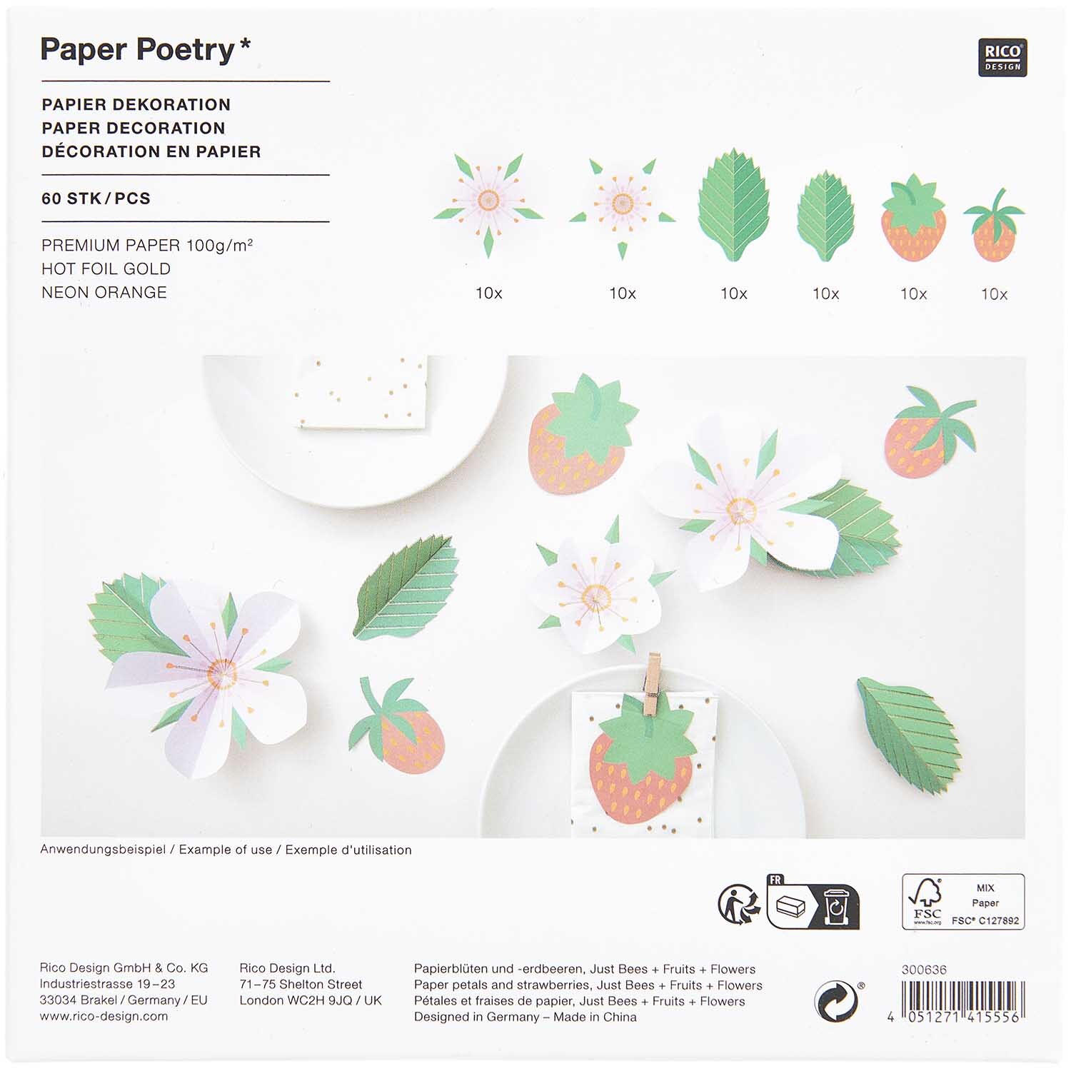 Paper Poetry Papierdekoration Erdbeeren und Blüten 60 Stück