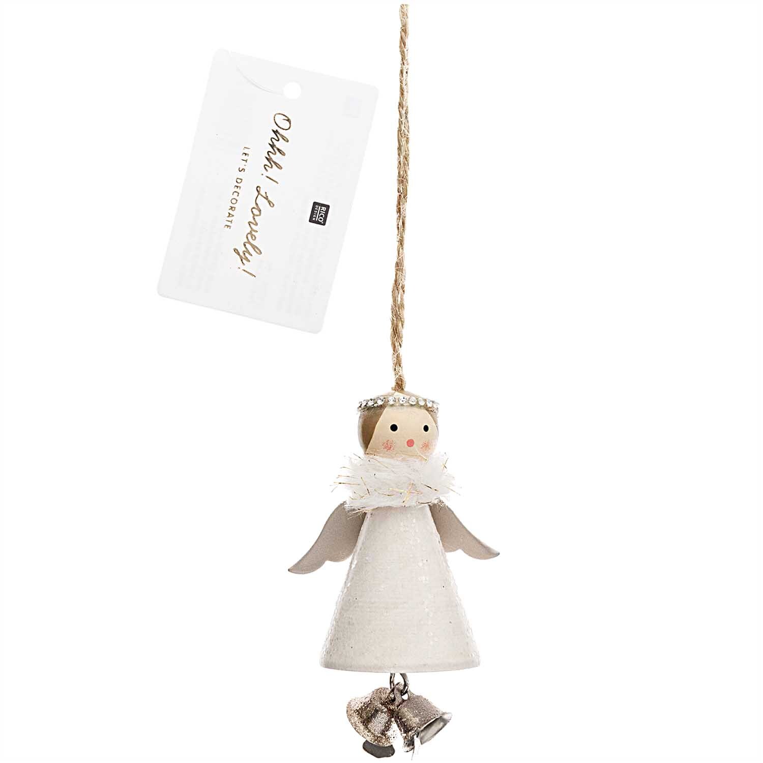 Holzhänger Engel mit Glöckchen weiß 8cm