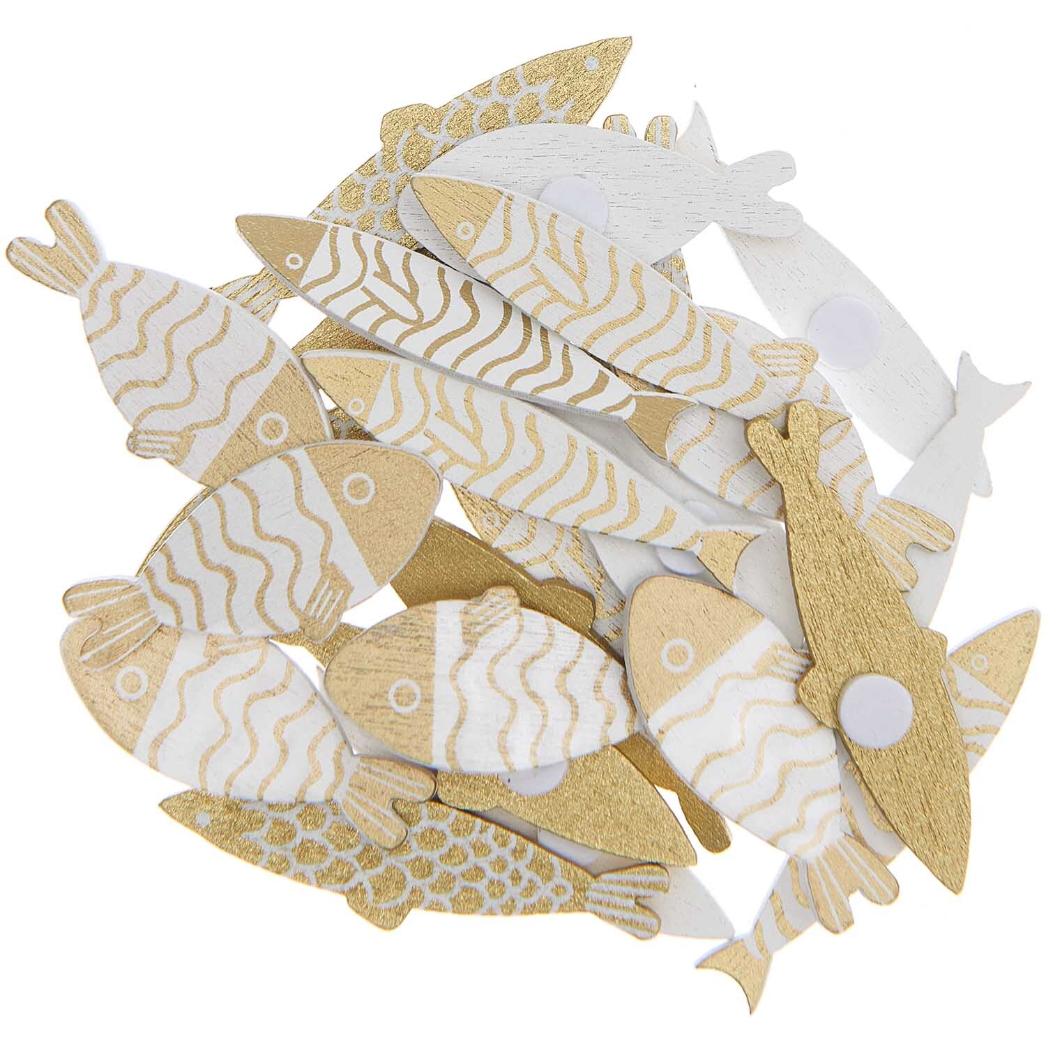 Holzsticker Fisch Mix gold-weiß 24 Stück