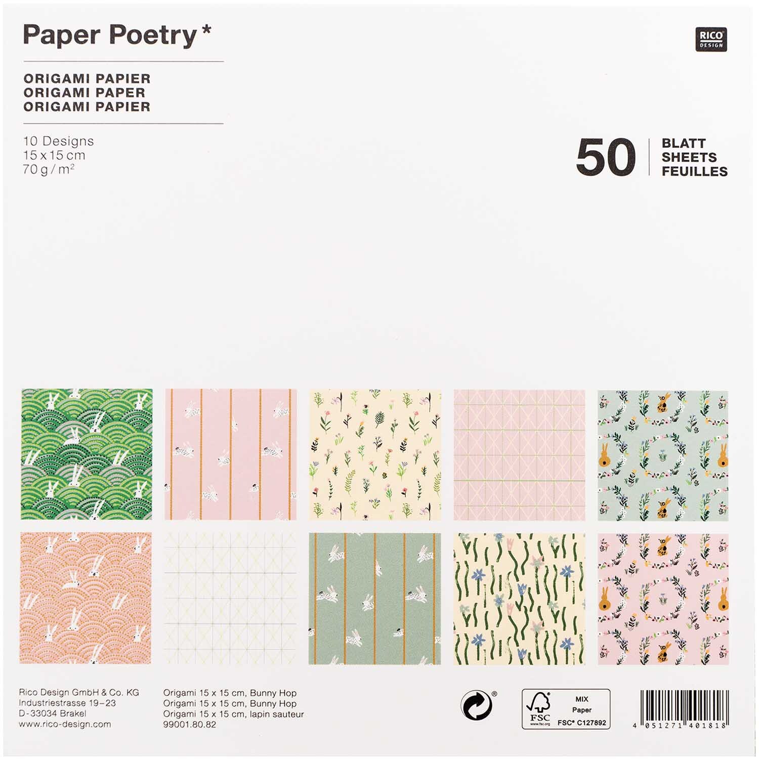 Rico Design Paper Poetry Origami Bunny Hop 15x15cm 50 Blatt
