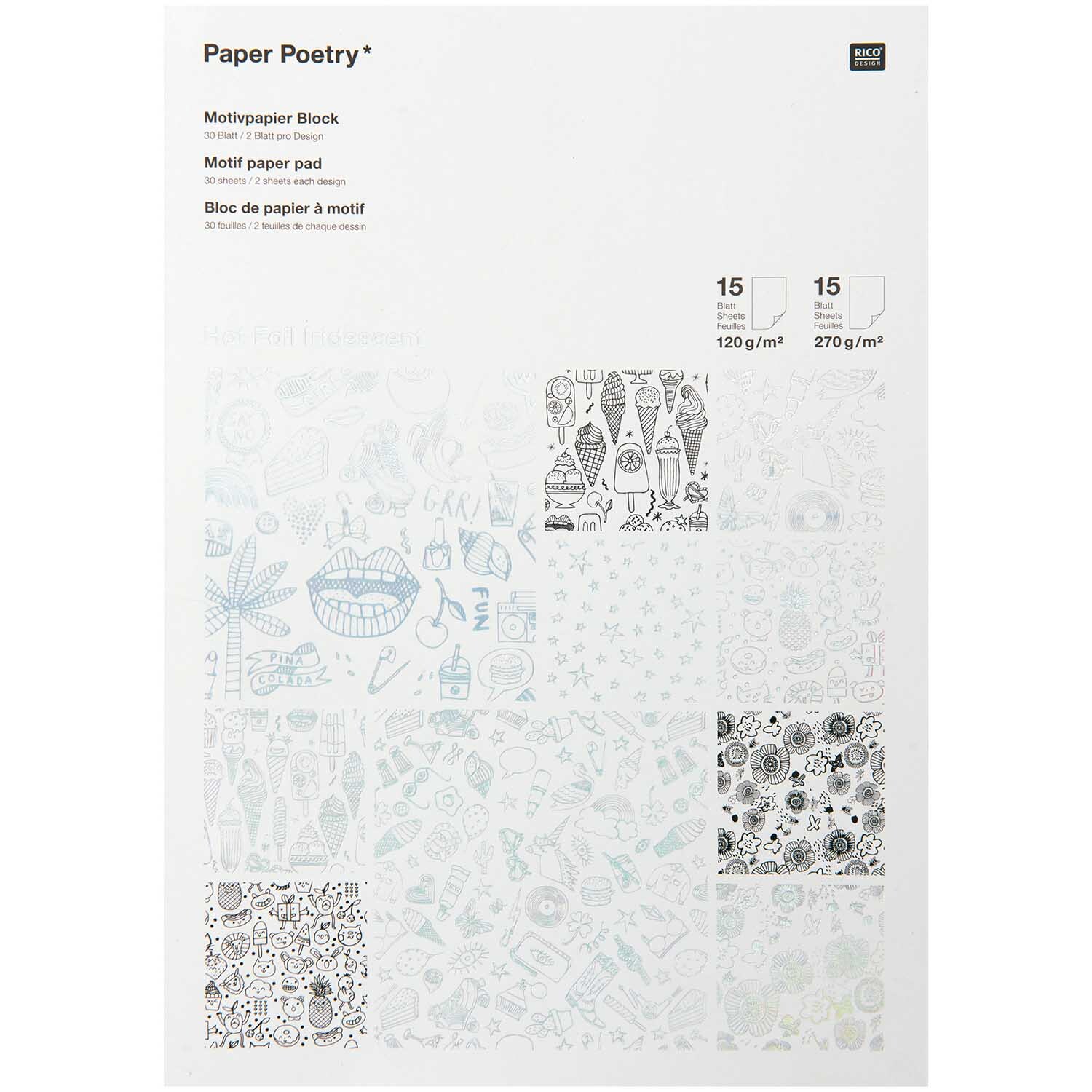 Paper Poetry Motivpapier Block schwarz-weiß 21x30cm 30 Blatt Hot Foil