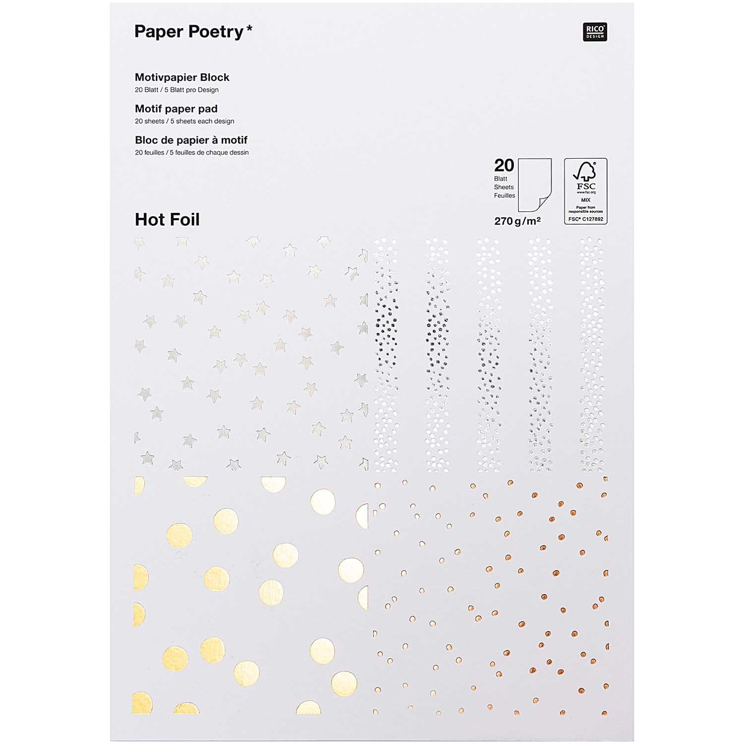 Paper Poetry Motivpapier Block Punkte 270g/m² 20 Blatt Hot Foil