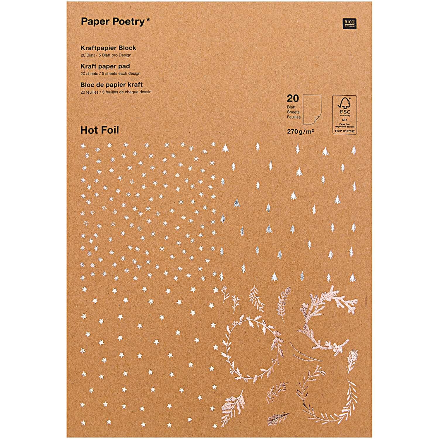 Paper Poetry Kraftpapier Block X-Mas 270g/m² 20 Blatt Hot Foil