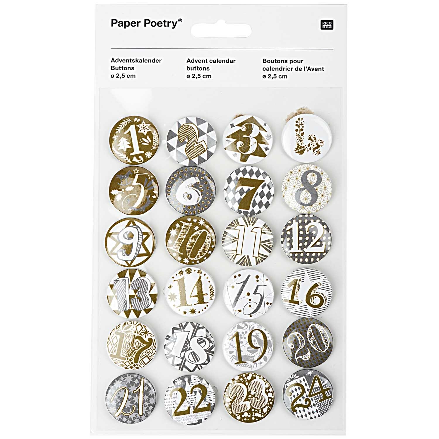 Paper Poetry Adventskalender Zahlen Buttons gold-silber 2,5cm 24 Stück
