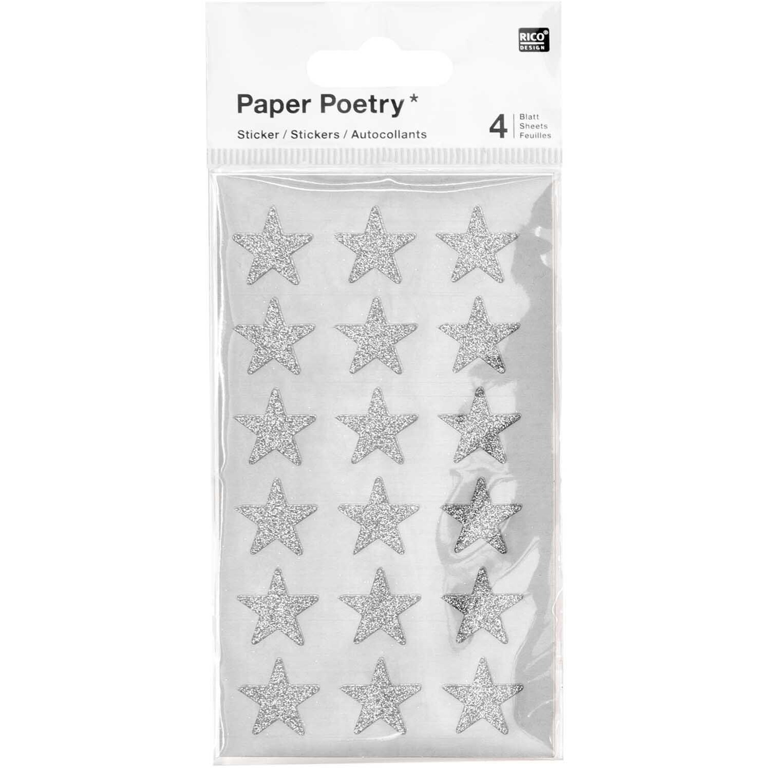 Paper Poetry Sticker Sterne Glitter silber 4 Blatt