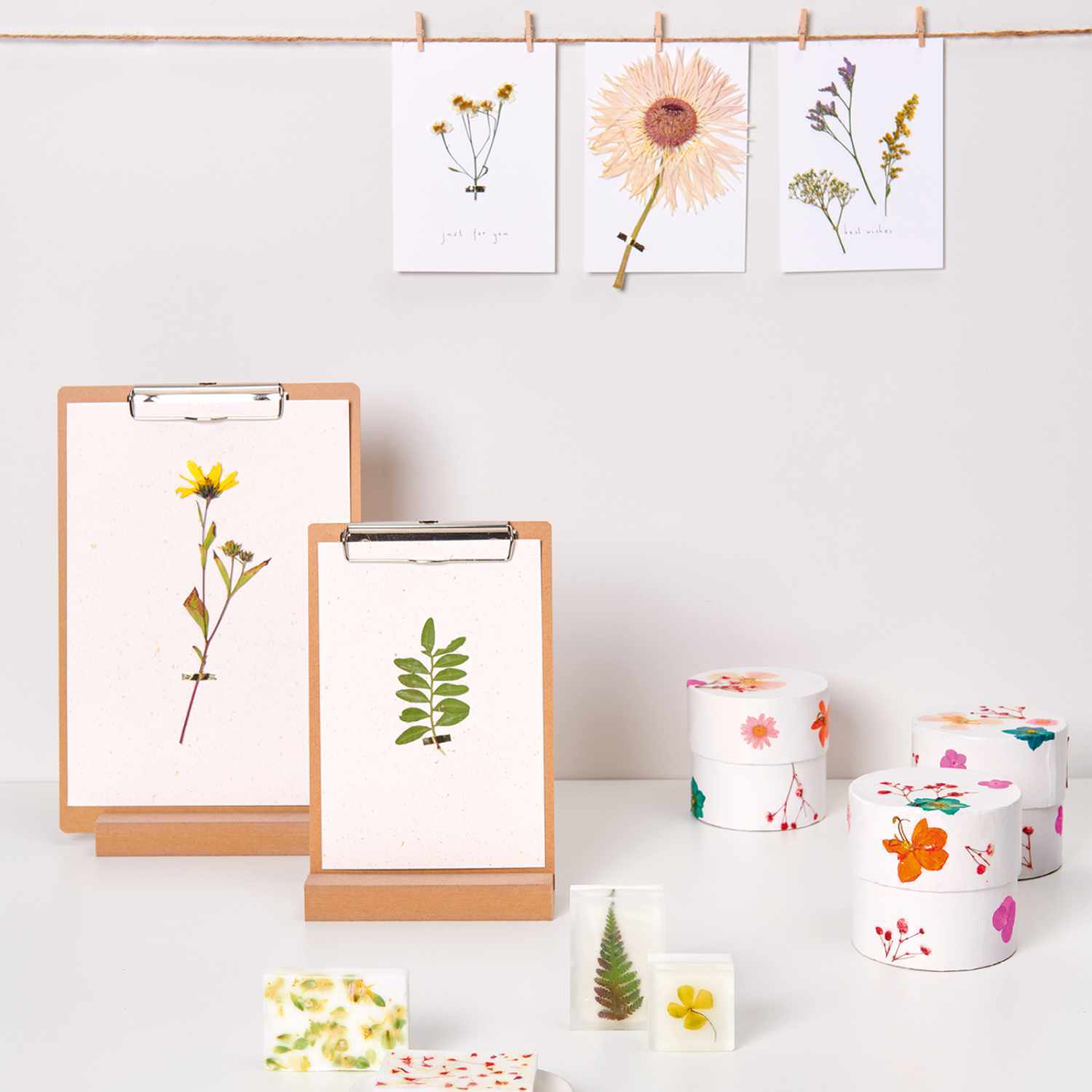 Bastelanleitung Karten und Schachteln mit gepressten Blumen