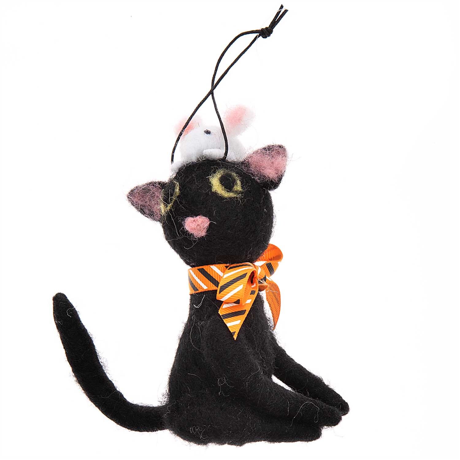 Katze mit Maus handgefilzt schwarz 8x12cm