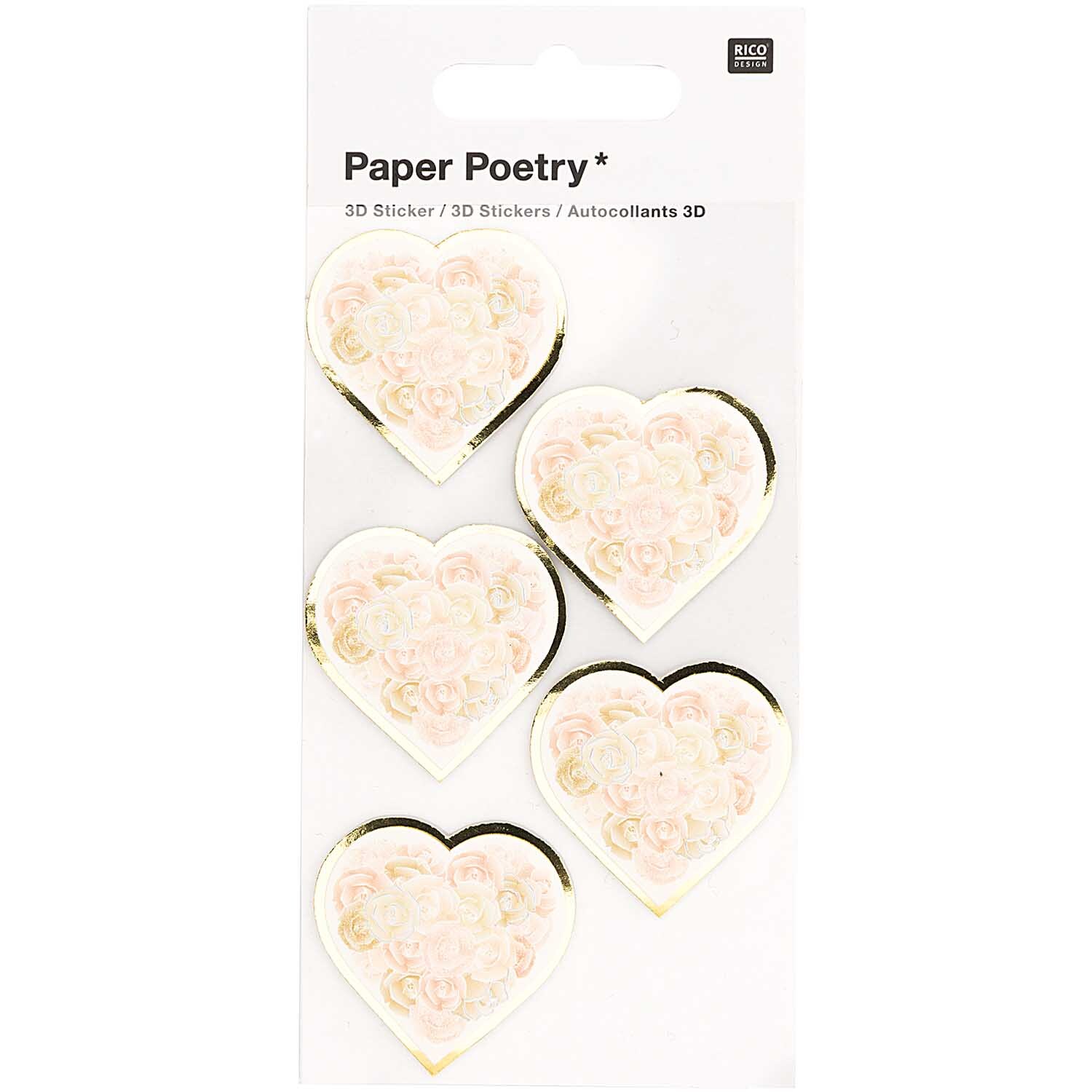 Paper Poetry 3D-Sticker Herzen mit Rosen weiß 5 Stück