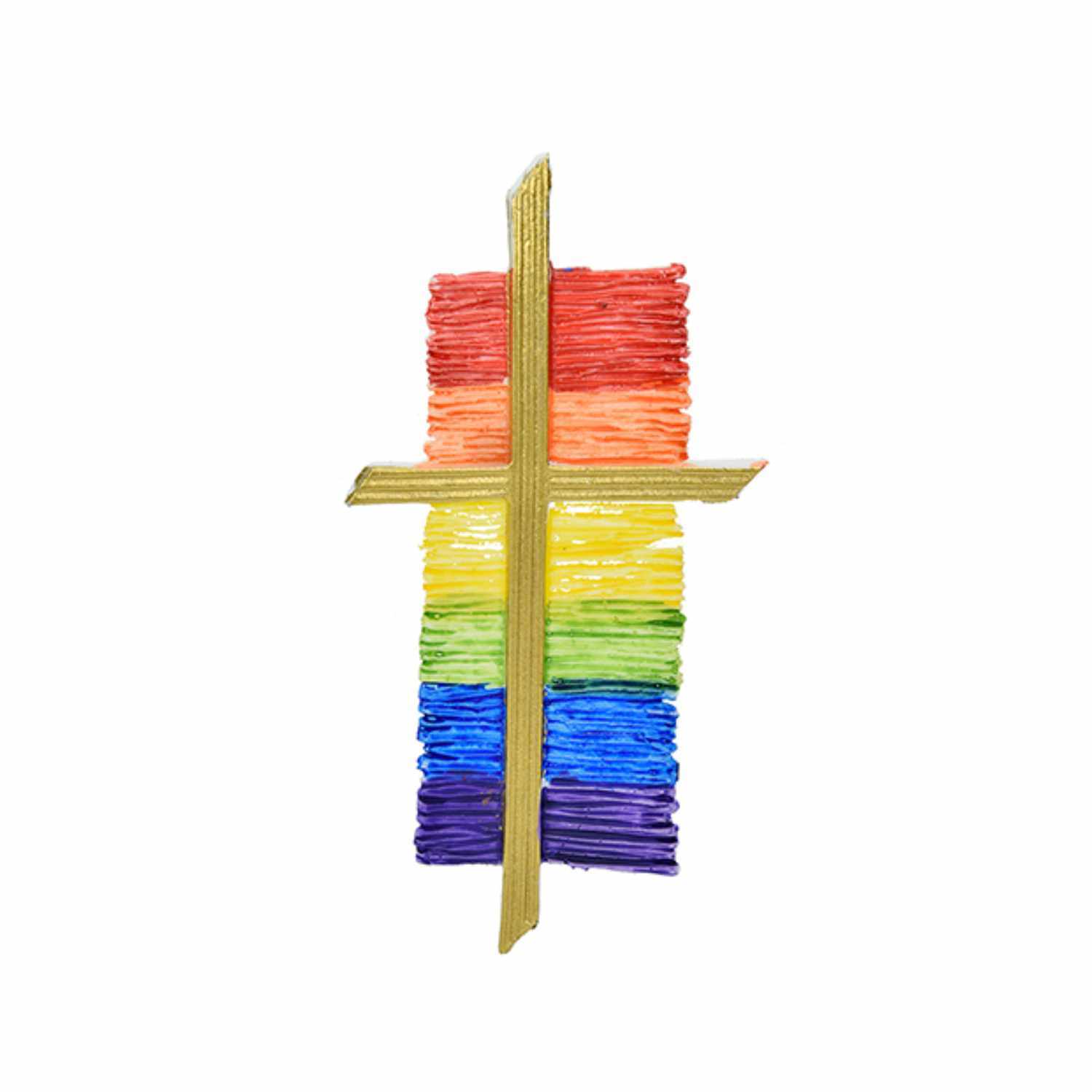 Wachsdekor Kreuz bemalt Regenbogen 11,7x6cm