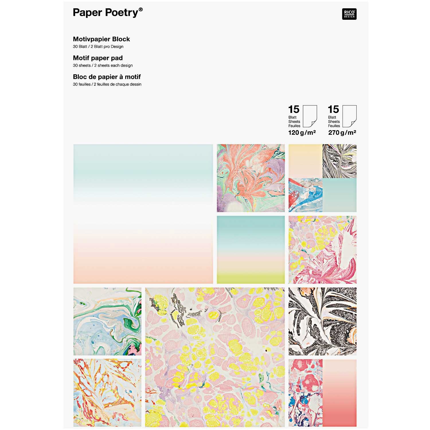 Paper Poetry Motivpapier Block marmoriert 21x30cm 30 Blatt
