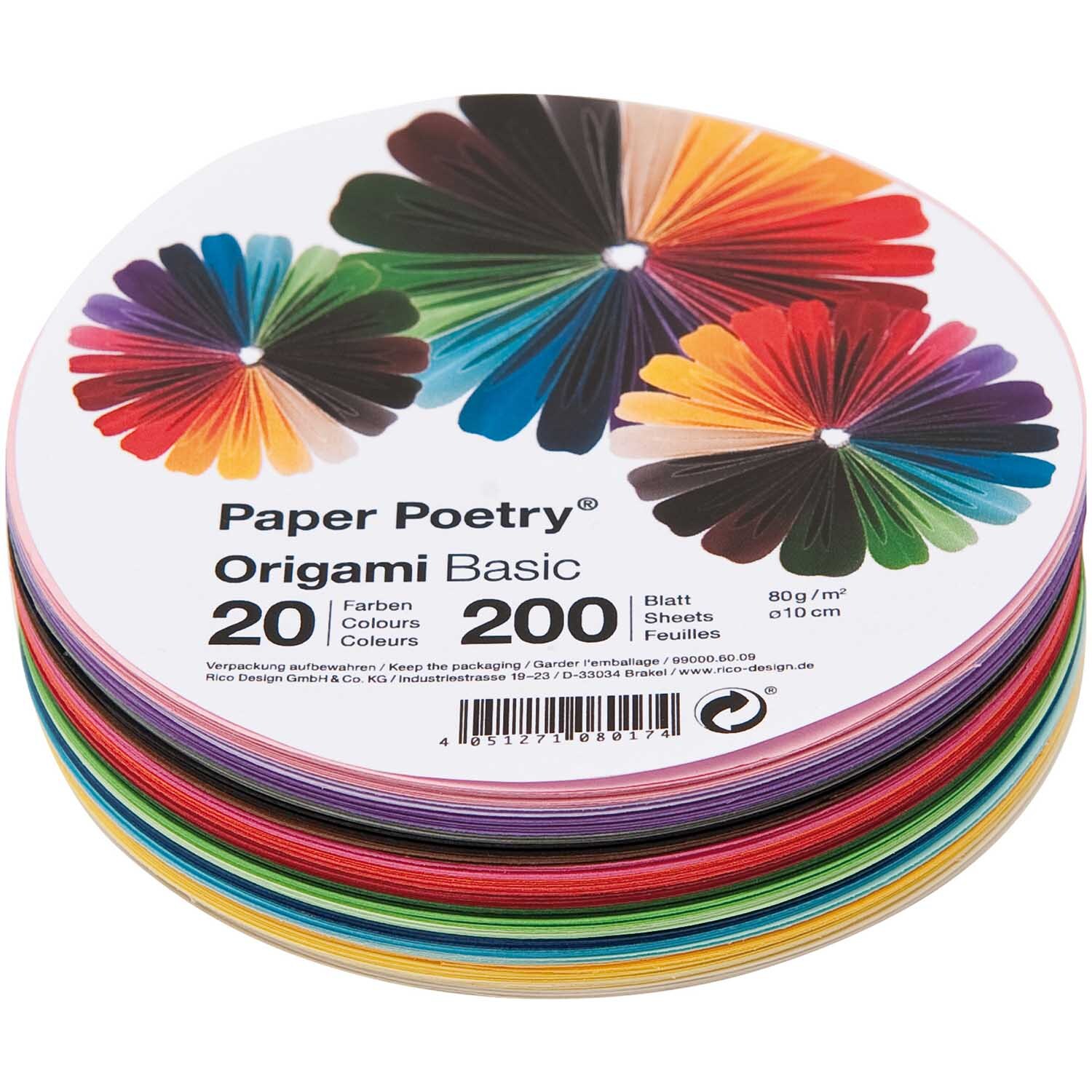 Paper Poetry Origami basic rund 10cm 200 Blatt 20 Farben