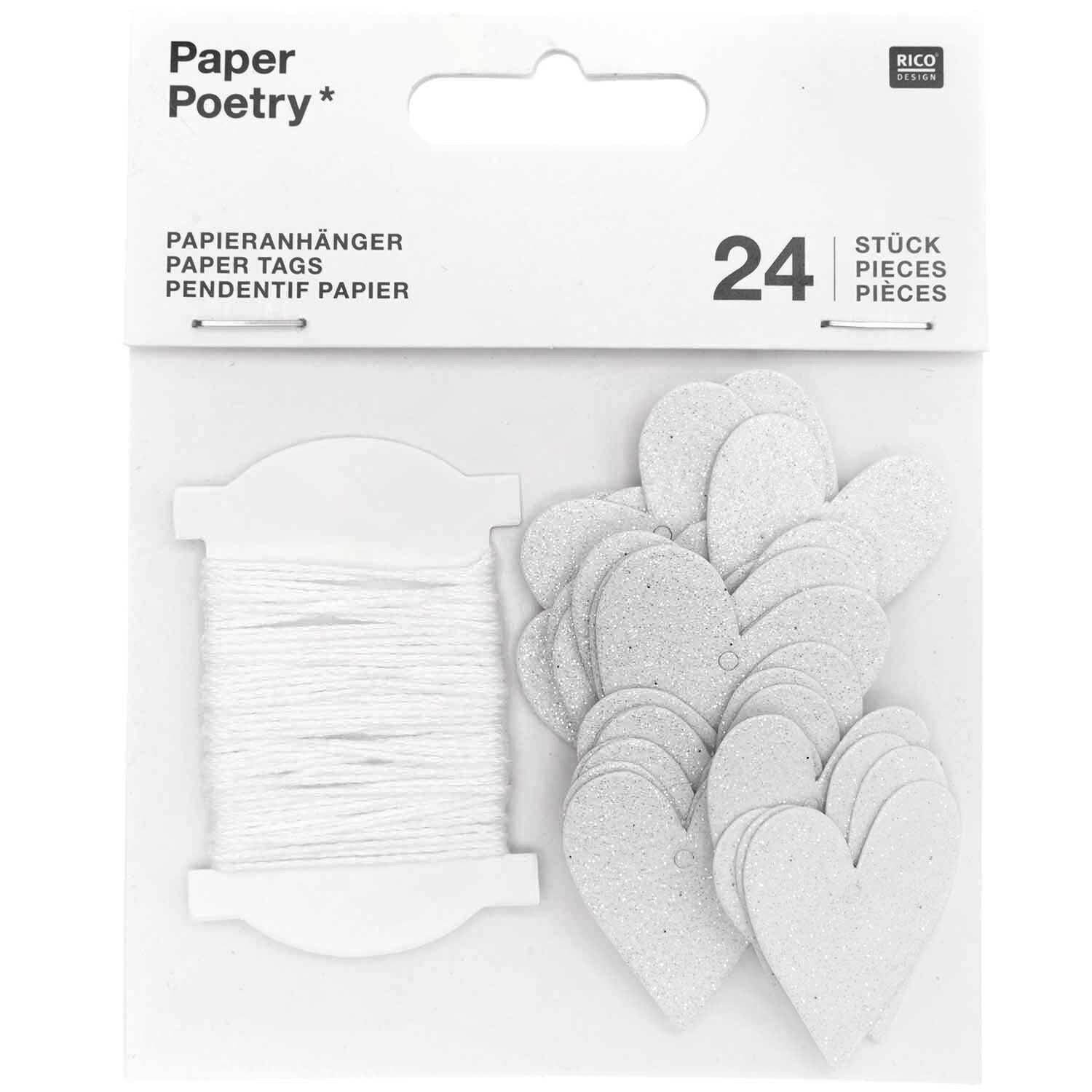 Paper Poetry Papieranhänger Herzen 3x3,5cm Glitter weiß 24 Stück