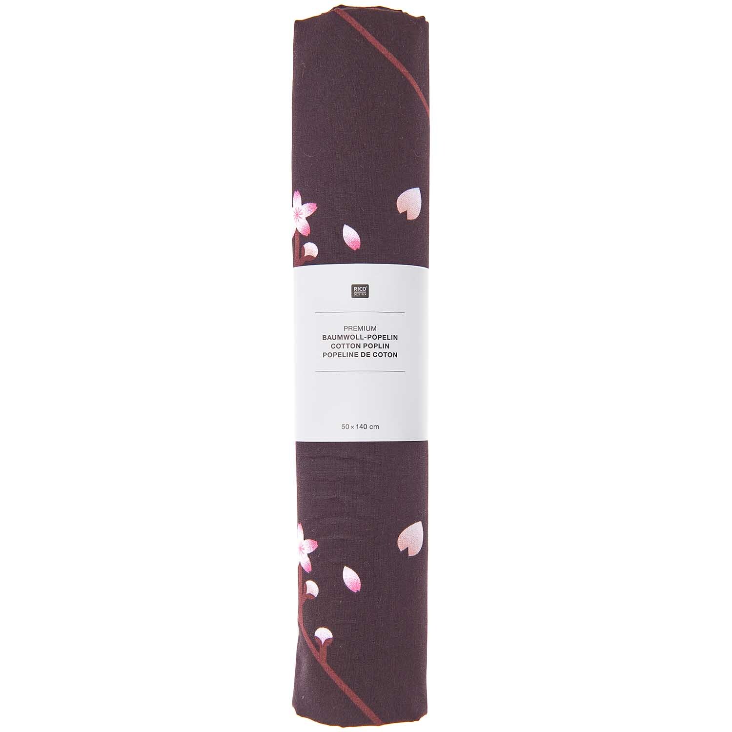Stoffabschnitt Baumwoll-Popelin schwarz Sakura Zweige 50x140cm