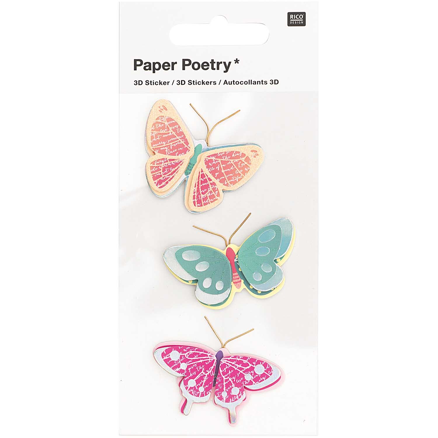 Paper Poetry 3D-Sticker Schmetterlinge gemustert 3 Stück