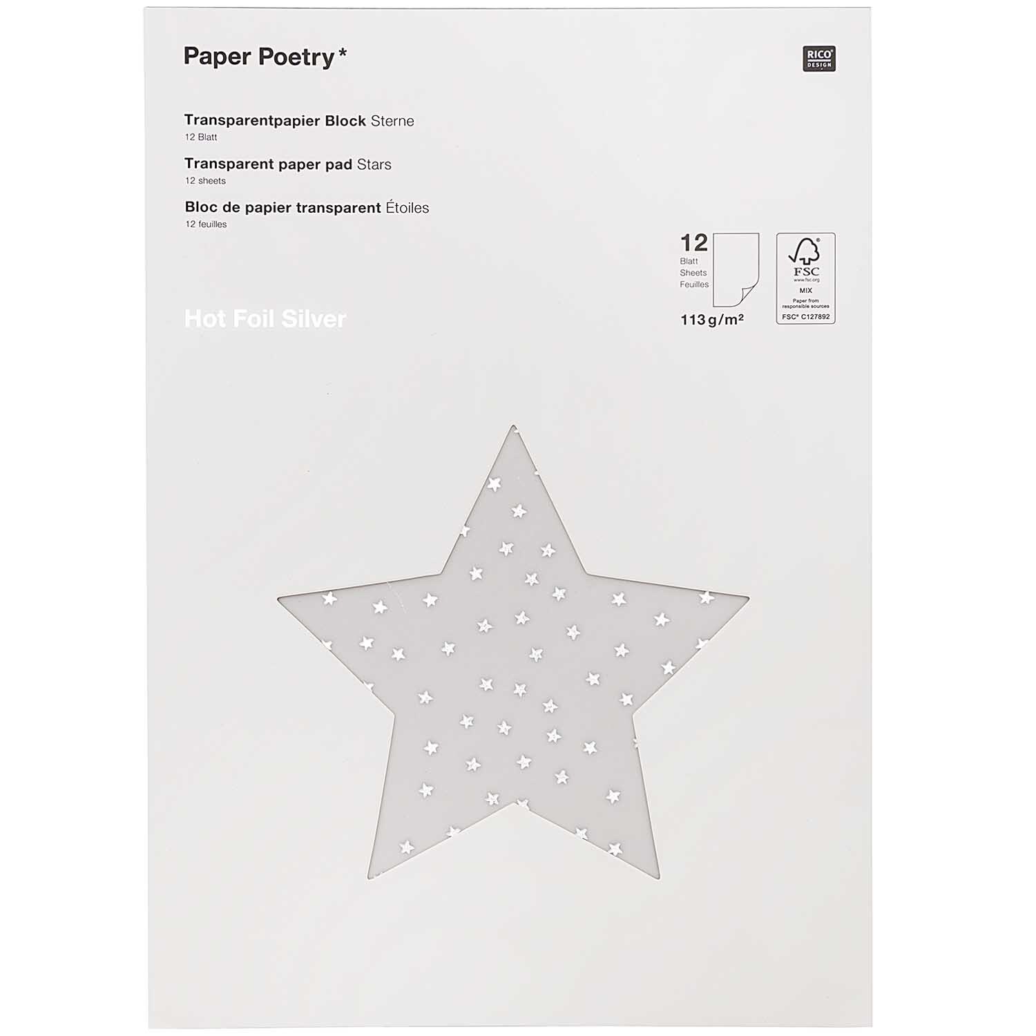 Paper Poetry Transparentpapierblock Sterne silber 21x29,5cm 12 Blatt