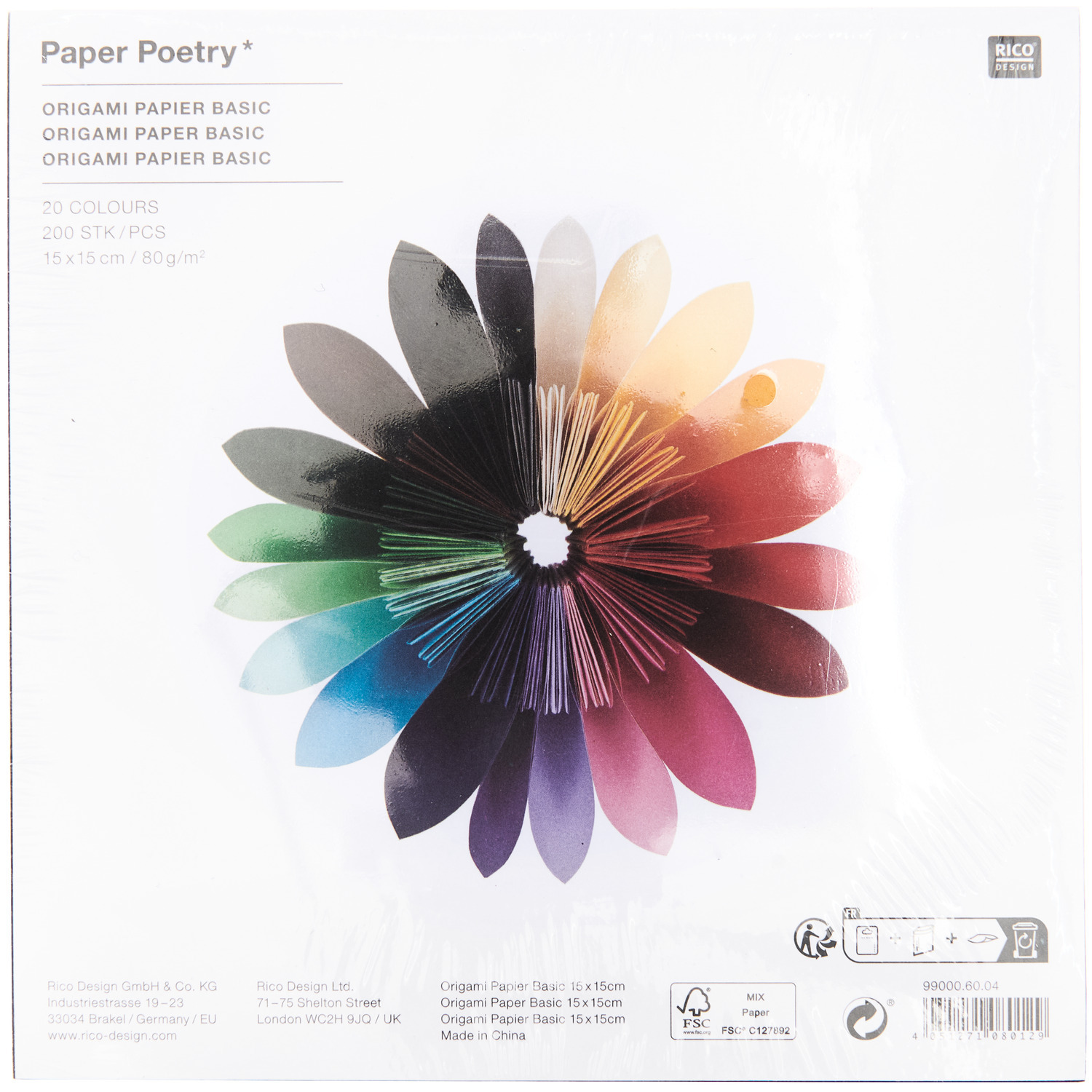 Paper Poetry Origami basic 15x15cm 200 Blatt 20 Farben