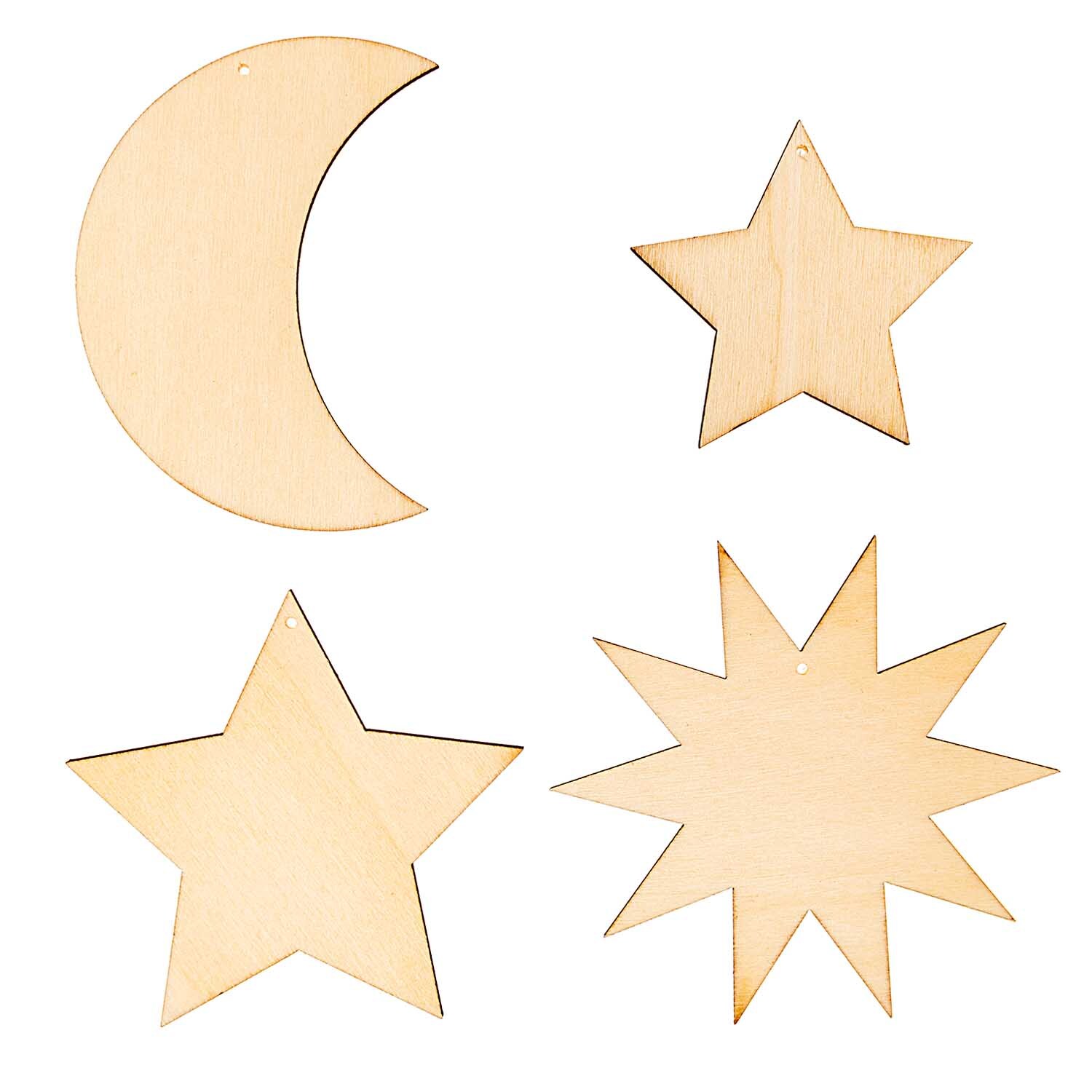 Holzdekoanhänger-Set Mond und Sterne 4teilig