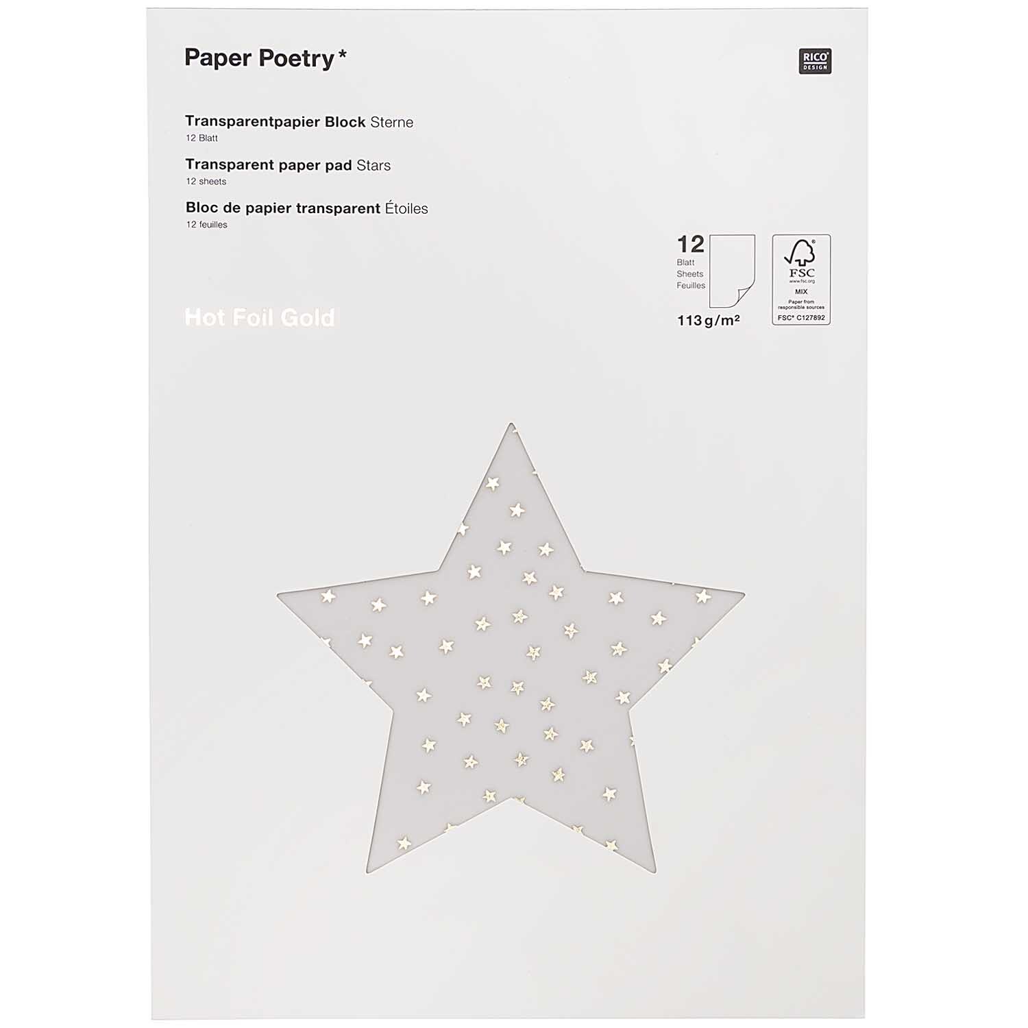 Paper Poetry Transparentpapierblock Sterne gold 21x29,5cm 12 Blatt