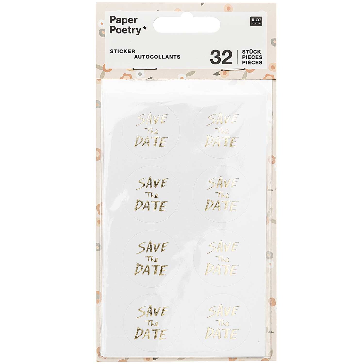 Rico Design Paper Poetry Sticker Save the Date gold 4 Blatt