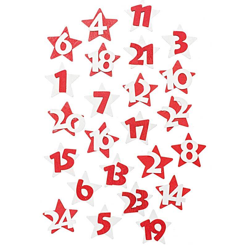 Adventskalender Zahlen 1-24 aus Holz rot-weiß