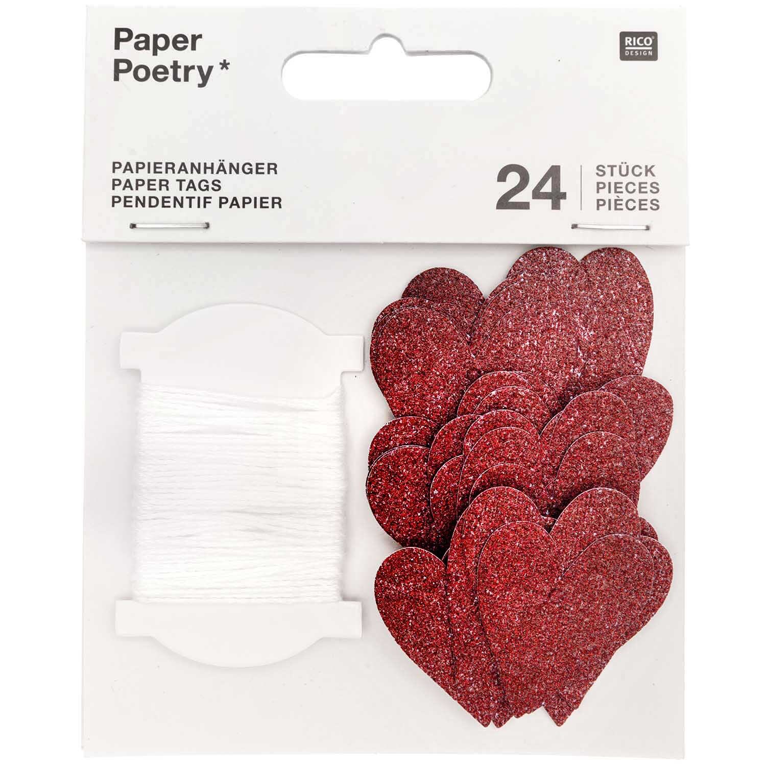 Paper Poetry Papieranhänger Herzen Glitter rot 3x3,5cm 24 Stück