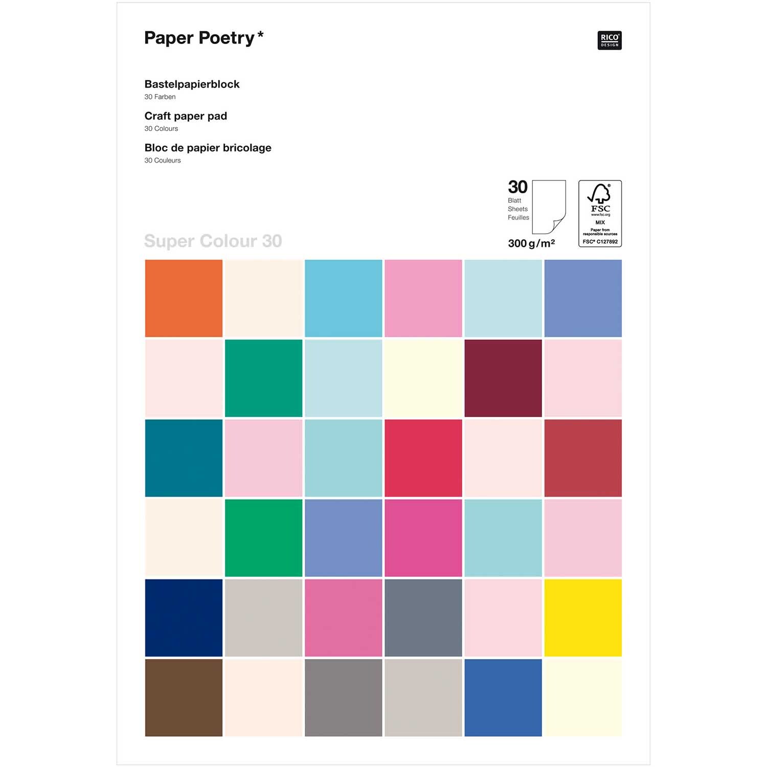 Paper Poetry Bastelkartonblock Super Colour A4 300g/m² 30 Blatt