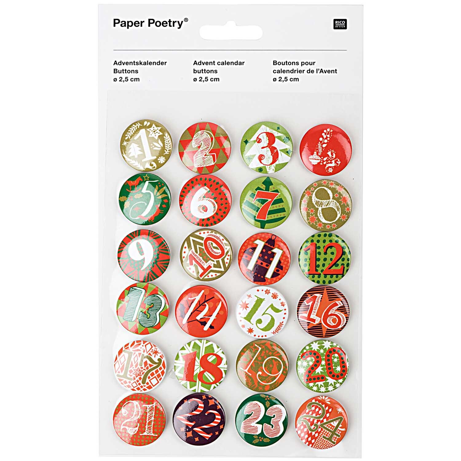 Paper Poetry Adventskalender Zahlen Buttons grün-rot 2,5cm 24 Stück