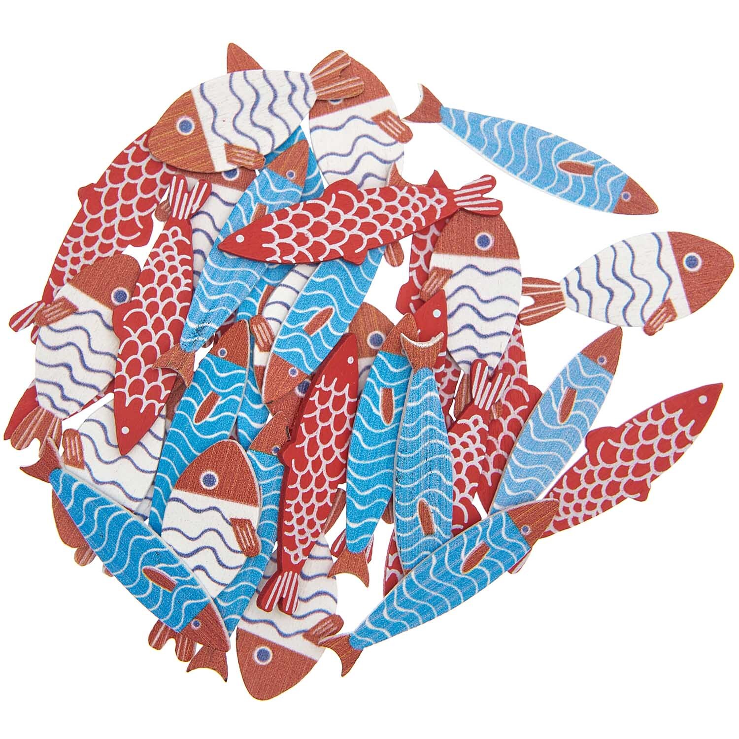 Holzstreu Fisch rot-blau 36 Stück