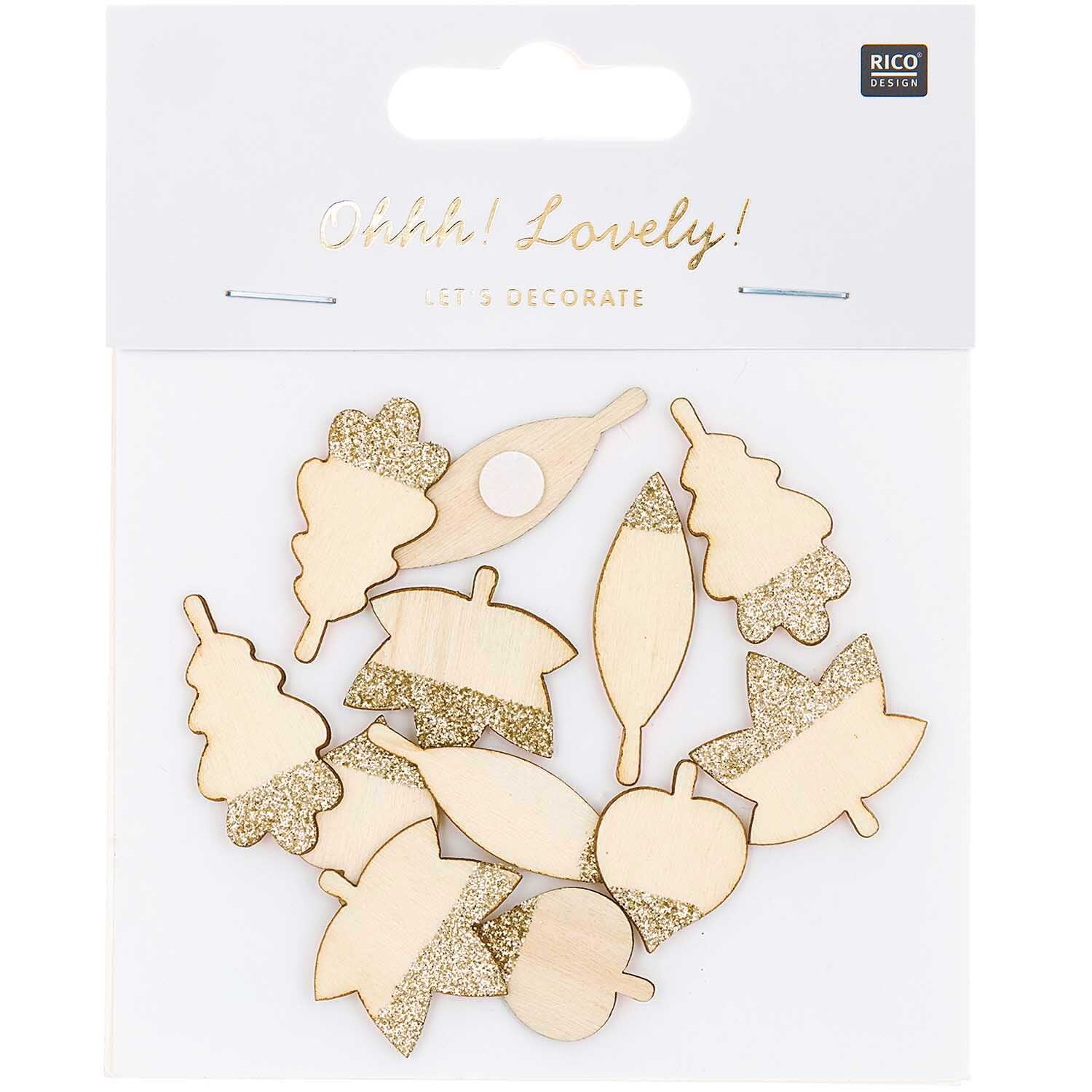 Holzsticker Blätter Mix mit Glitter natur-gold 12 Stück