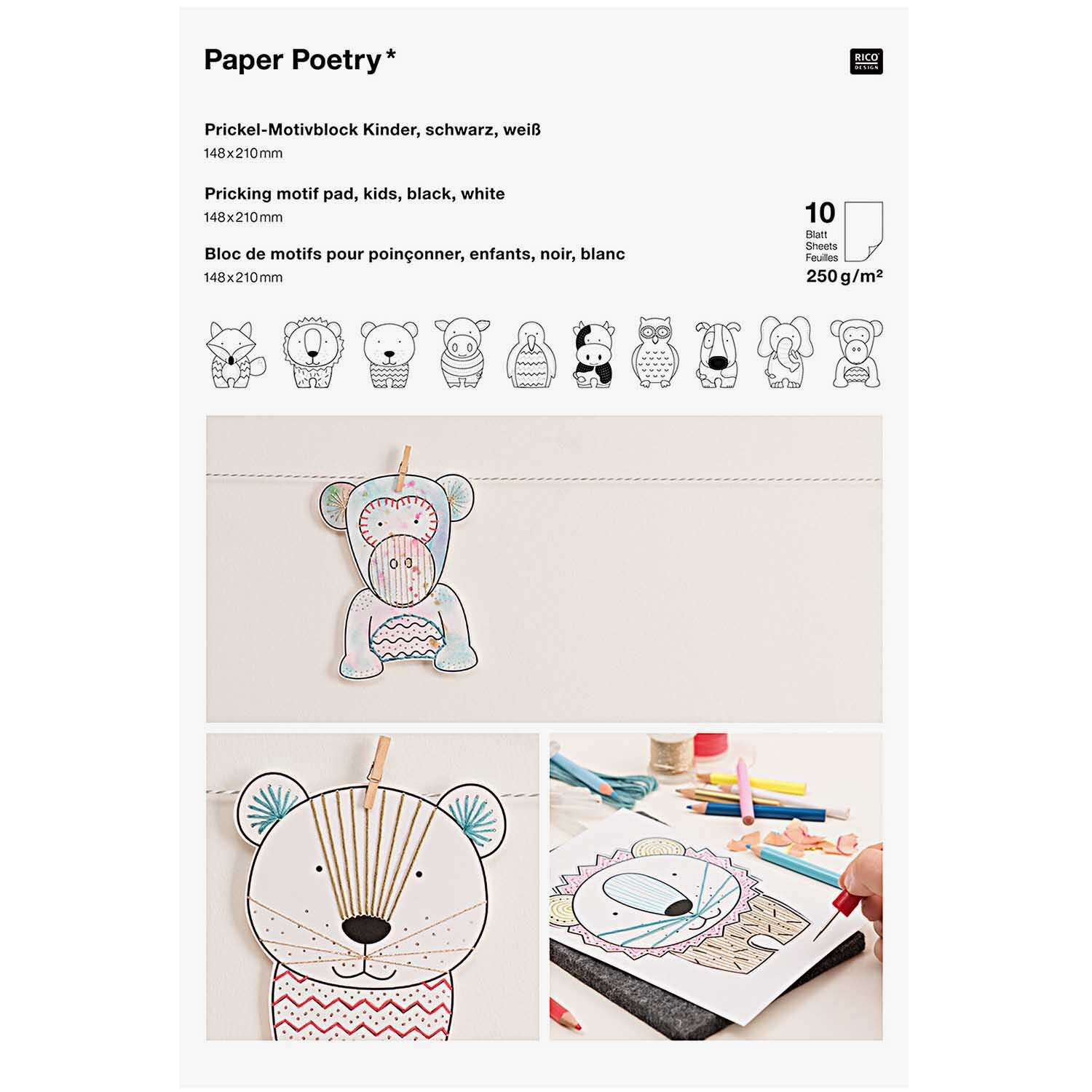 Paper Poetry Prickelblock Tiere weiß 21x14,8cm 10 Seiten